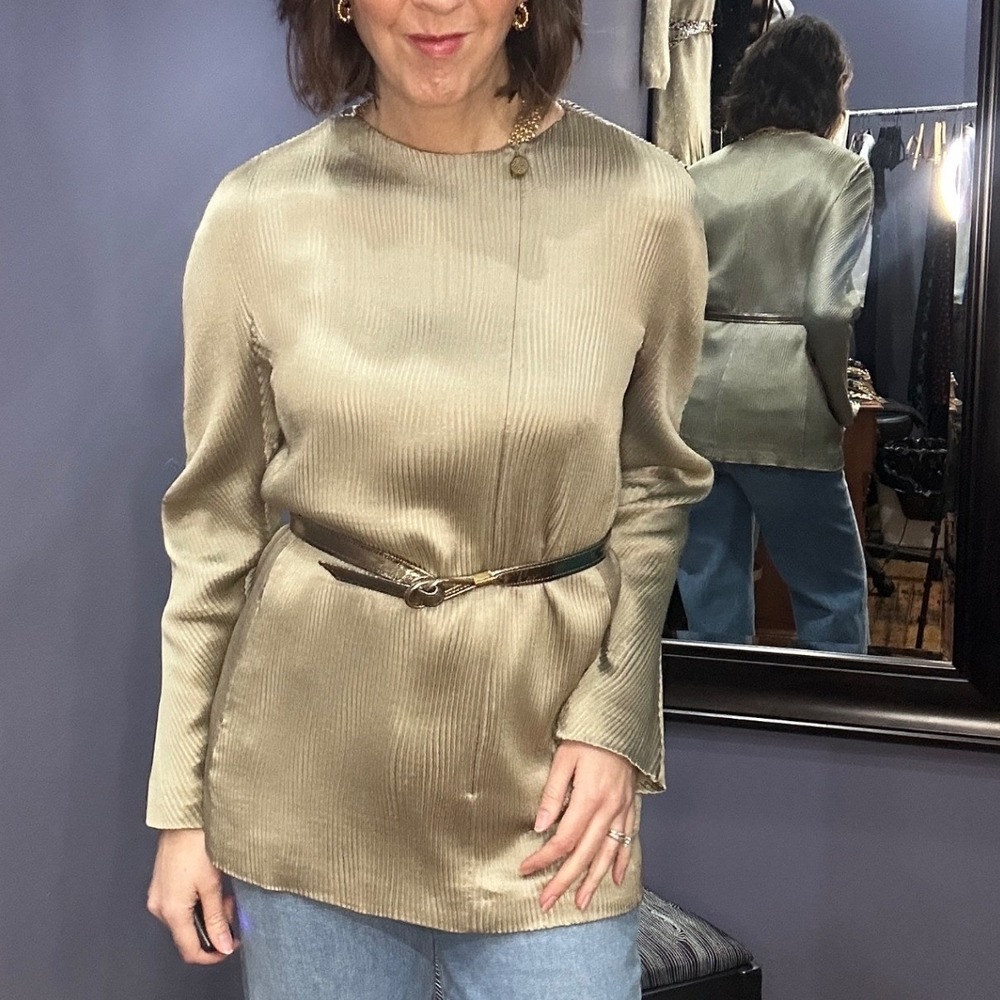 Giorgio Armani Vintage Silk Micro Pleated Top Gold Taupe Made in Italy Size 44